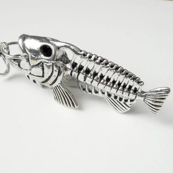 Men's necklace-24" length 3" large 3D silver tone fish skeleton pendant necklace - Picture 7 of 7